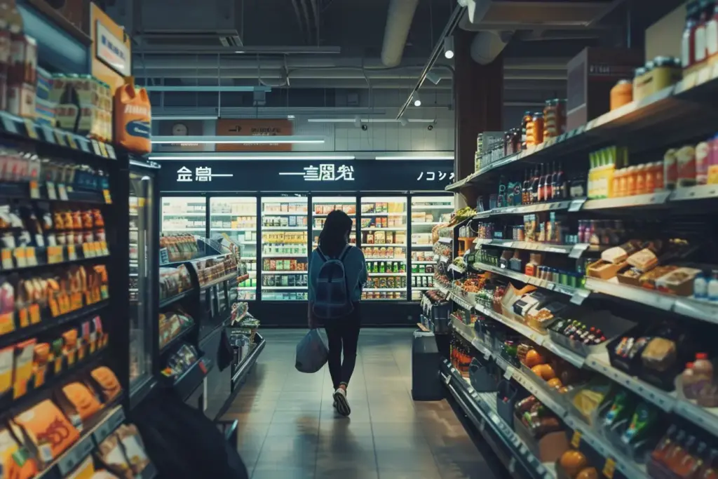 Person with a backpack shopping in a grocery store, walking down an aisle filled with various products and refrigerated items.