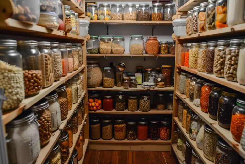 Pantry with neatly organized shelves filled with various beans, grains, and dried foods in glass jars.