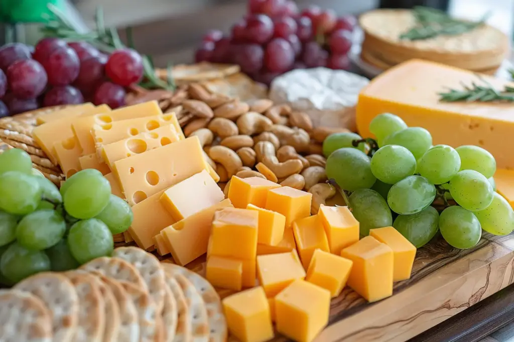 Cheese platter with various cheeses, grapes, cashews, and crackers on a wooden board.
