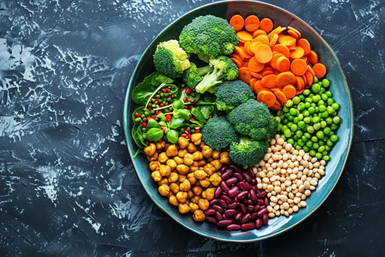 Colorful salad bowl with broccoli, carrots, peas, chickpeas, kidney beans, and spinach on a dark textured background.
