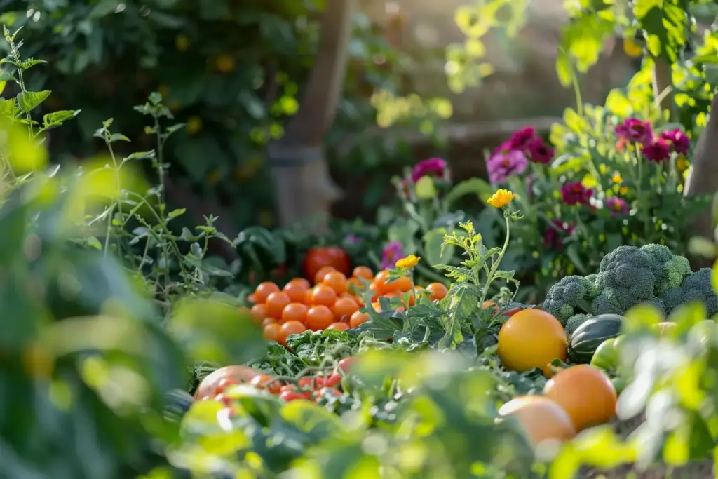 Vegetable garden with tomatoes, broccoli, and marigolds among lush green foliage and vibrant flowers.