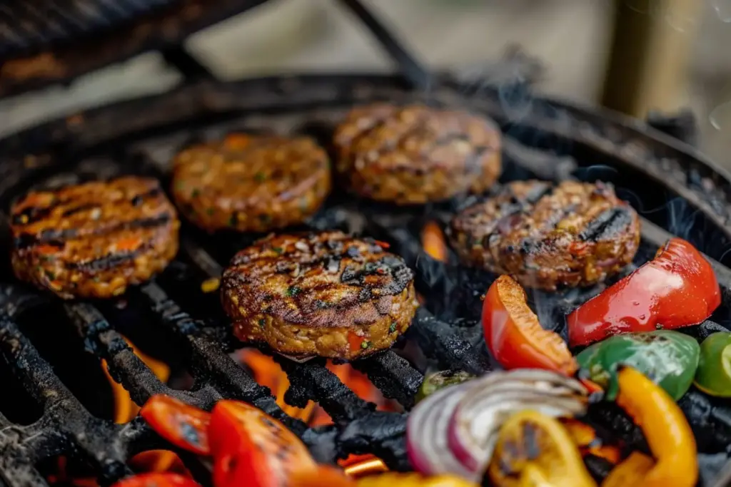 Vegetable patties and assorted bell peppers grilling over an open flame.
