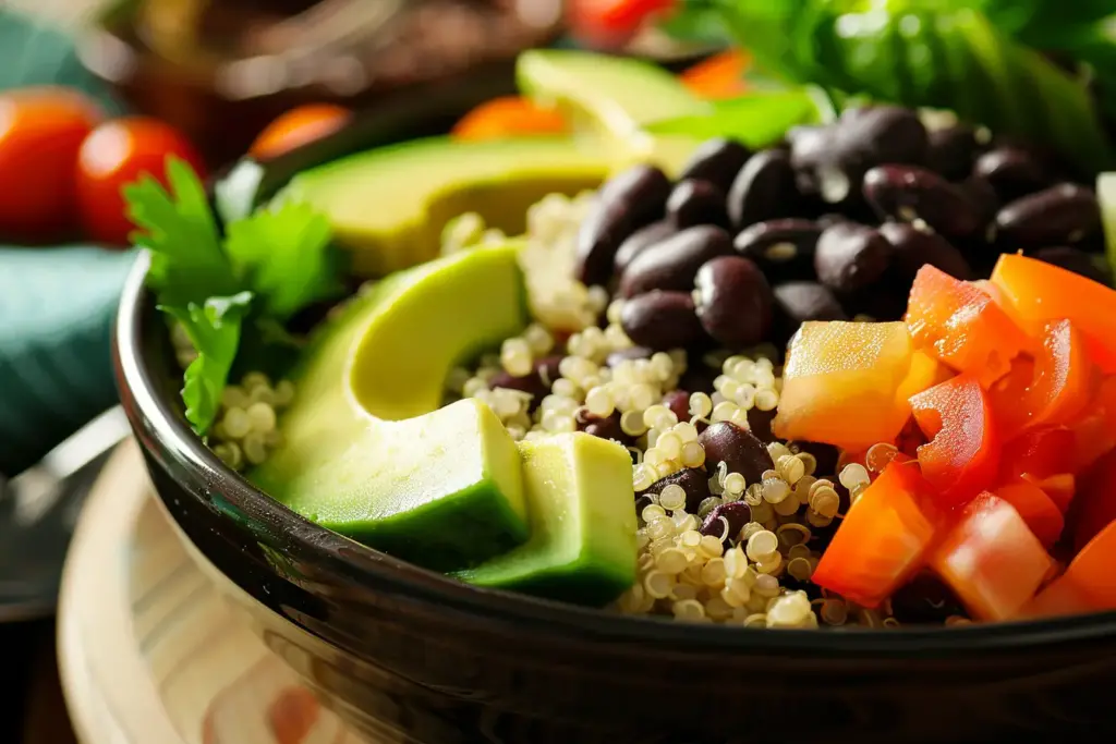 Quinoa bowl with avocado slices, black beans, diced tomatoes, and fresh greens.