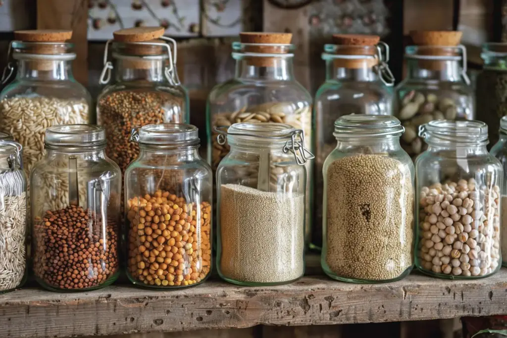 Glass jars filled with various grains and legumes on a wooden shelf.