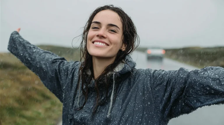 woman smiling in the rain