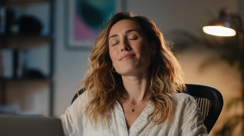 A woman sitting back in her desk chair with her eyes closed.