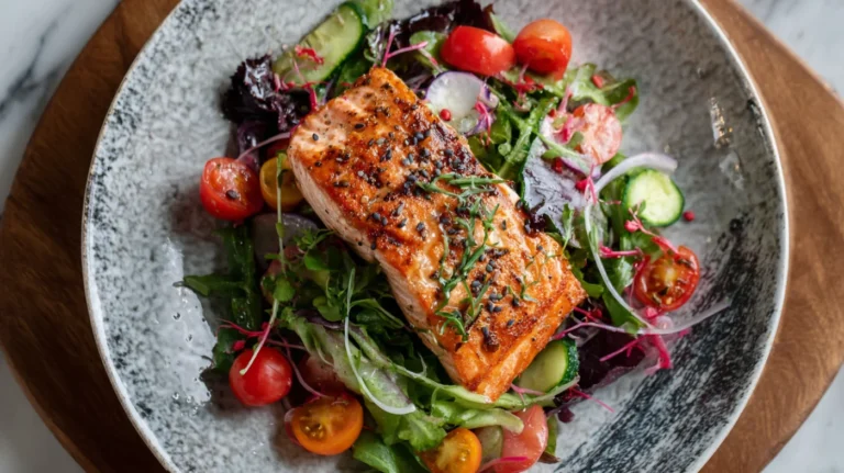 Salmon steak on top of a bed of lettuce