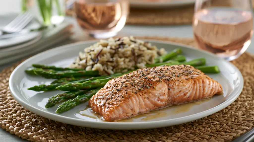 steamed salmon, asparagus spears, and wild rice on a plate